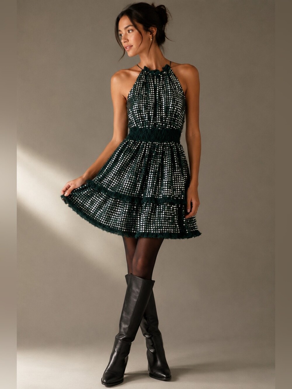 Anthropologie Somerset Shine Mini Halter Dress In Dark Green XS NWT